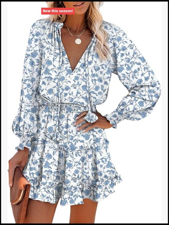Dresses & Skirts - Split V Neck Ruffle Chiffon Mini Swing Dress Long Sleeve Smocked Elastic Waist